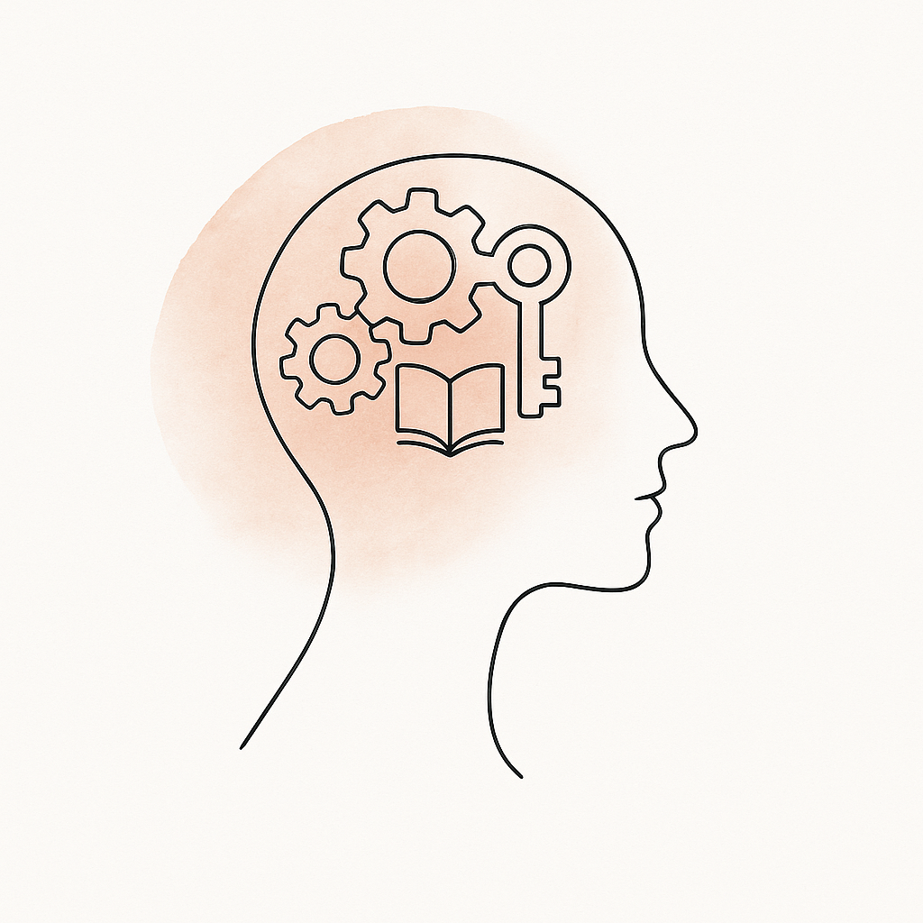 Silhouette d'une tête humaine avec des engrenages, un livre et une clé à l'intérieur, représentant la pensée, l'apprentissage et la cognition.