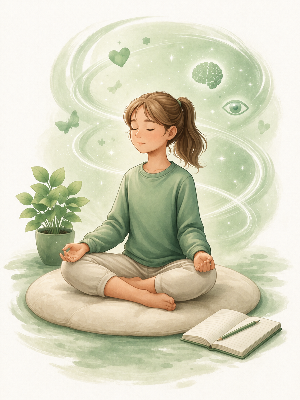 Une jeune femme méditant en position de lotus, assise sur un coussin, avec un carnet et un stylo devant elle, entourée de symboles de nature et de conscience, comme un cerveau, un œil, des cœurs, des papillons et des étoiles, dans un environnement calme et apaisant.