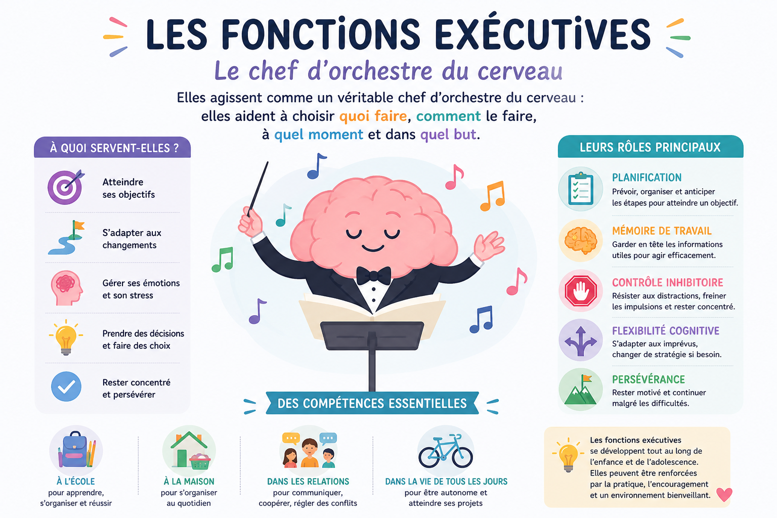 Les Fonctions Exécutives: Le chef d'orchestre du cerveau' présentant les rôles principaux et compétences essentielles des fonctions exécutives, avec des sections sur leur utilité, rôles principaux et développement tout au long de la vie.