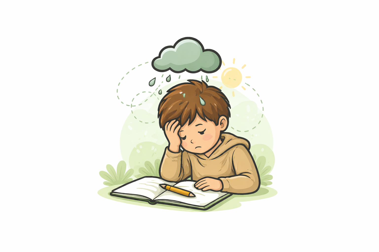 Un garçon assis devant un livre, semblant fatigué ou préoccupé, avec des gouttes de sueur sur son visage, sous un ciel avec une nuage de pluie et un soleil, illustrant la fatigue ou le mal-être lié à la météo ou à la concentration.