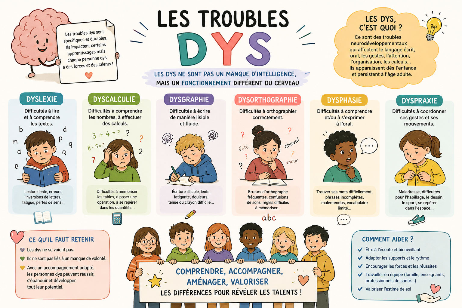 les troubles DYS comme dyslexie, dyscalculie, dysgraphie, dysorthographie, dyspasie et dyspraxie, avec des conseils pour aider ces personnes