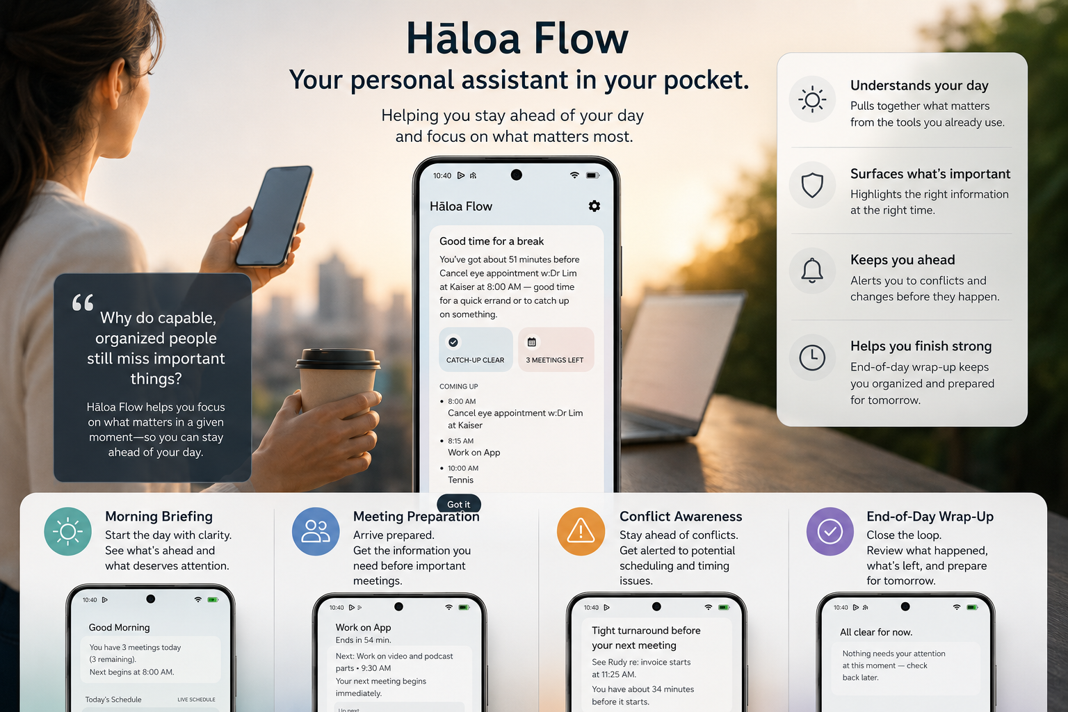 Hāloa Flow app screens on a smartphone showing Morning Briefing, Meeting Preparation, Conflict Awareness, and End-of-Day Wrap-Up features