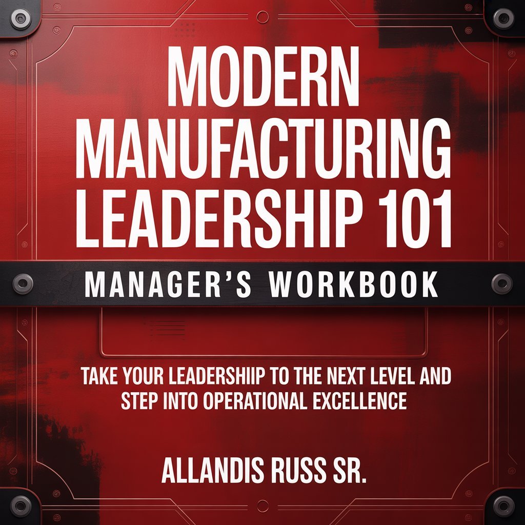 Cover of a managerial workbook titled 'Modern Manufacturing Leadership 101' by Allandis Russ Sr., with a red background and circuit-like design elements.