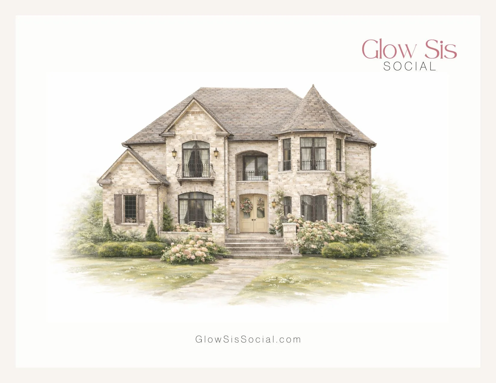 The Esthetician Marketing House illustration with Glow Sis Social logo