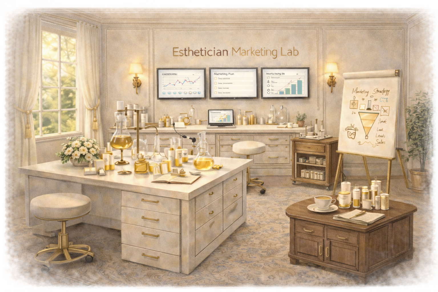 The Esthetician Marketing Lab room inside The Esthetician Marketing House by Glow Sis Social