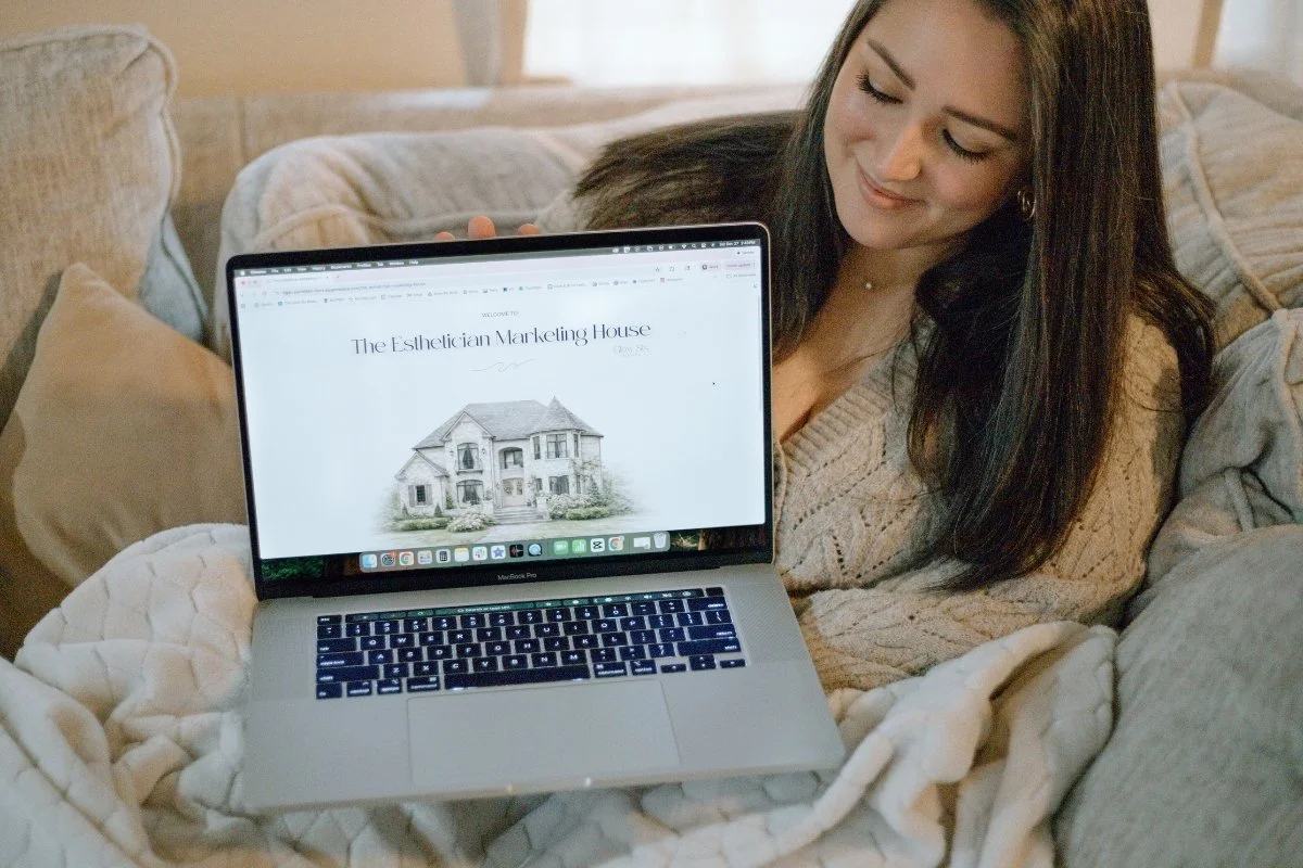 The Esthetician Marketing House website displayed on a laptop by Glow Sis Social