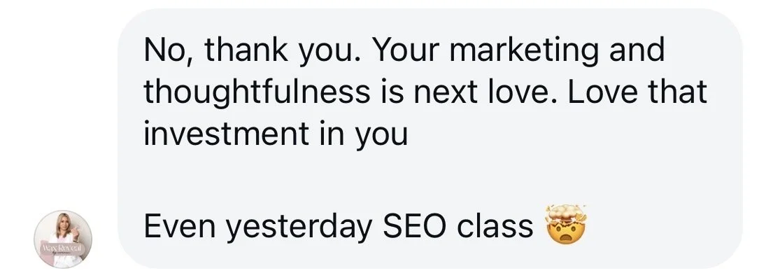 Marketing House guest praising the SEO class and thoughtful marketing education for estheticians