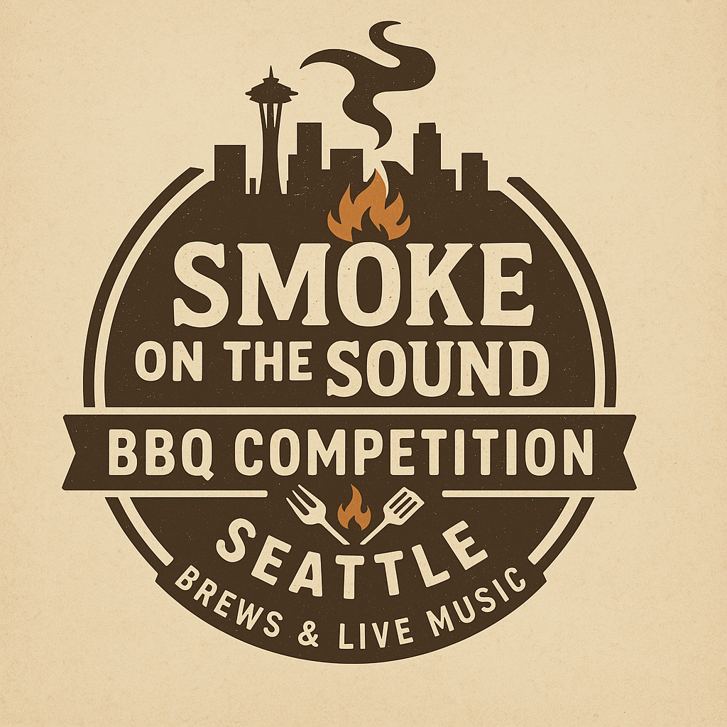 Logo for Smoke on the Sound BBQ Competition in Seattle, featuring a cityscape, flames, and smoke, with utensils and a banner indicating brews and live music.
