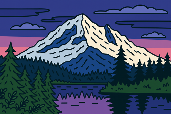 Illustration of a snow-capped mountain with a forest and lake in the foreground, under a colorful sky with clouds.