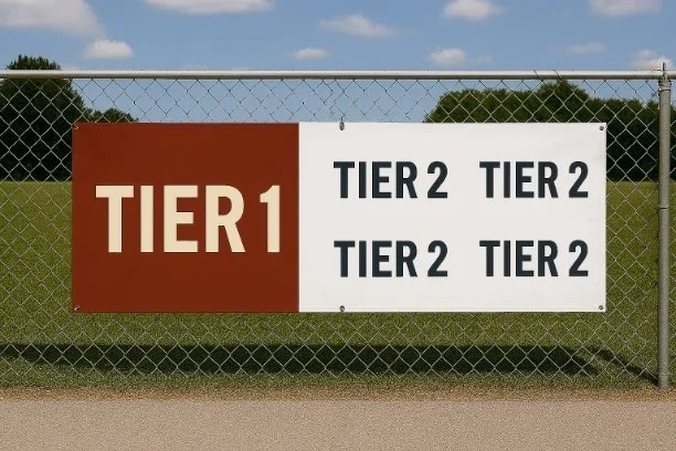 A sign on a chain-link fence dividing an outdoor grassy area into two tiers, with a red section labeled 'TIER 1' and a white section labeled 'TIER 2' repeated four times.