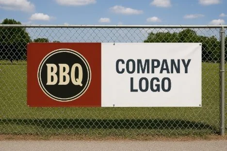 A chain-link fence with a large sign that reads "BBQ COMPANY LOGO" and features a black circle with beige text that says "BBQ" on a brown and white background.