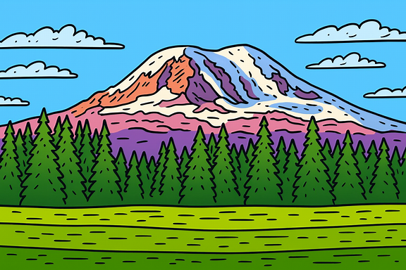 Colorful cartoon illustration of a mountain with green pine trees and a grassy field in the foreground, blue sky with clouds.