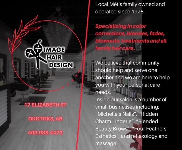 Interior of a hair salon with black and white decor, chairs, and mirrors, promotional text about a locally owned hair care business, and contact information including address and phone number.