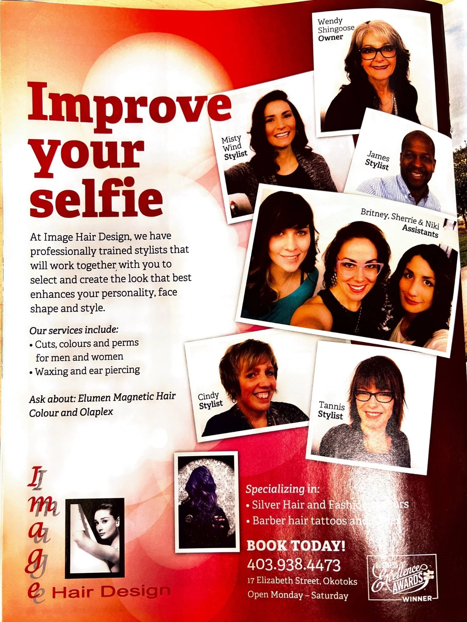 Flyer for a hair salon called Image Hair Design featuring photos of staff and stylists, including Wendy Shingoose, Misty Wind, James, Britney, Sherrie, Niki, Cindy, and Tannis. Text promotes services like haircuts, coloring, perms, waxing, and ear piercing, and mentions specialties in silver hair and barber hairstyles. Contact details and location are provided.