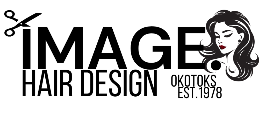 Logo for Image Hair Design featuring a pair of scissors, stylized hair, and text 'Image Hair Design OKOTOKS EST.1978'.