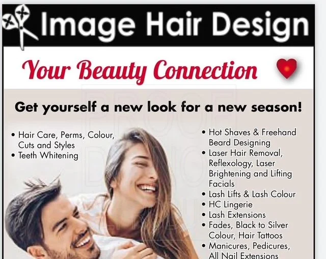Advertisement for a hair and beauty salon called 'Image Hair Design' featuring smiling woman with long hair and smiling man with short hair, promoting hair care, perms, coloring, styling, teeth whitening, shaves, beard designing, laser treatments, lash lifts, eyelash and eyebrow coloring, lash extensions, tinting, hair tattoos, manicures, pedicures, and nail extensions.