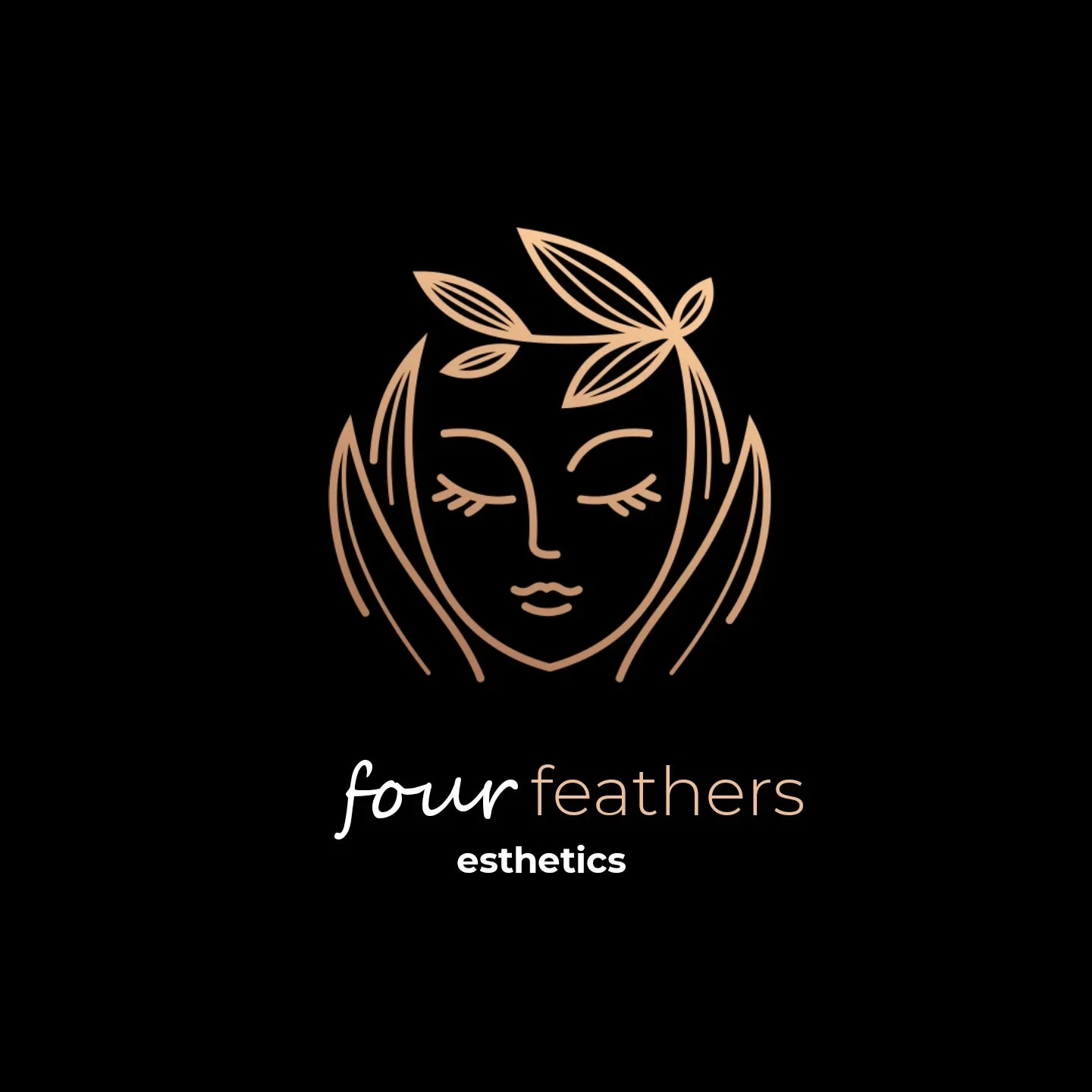 A minimalist logo with a stylized line drawing of a woman's face with closed eyes, long eyelashes, and leaves in her hair, on a black background. Text below reads "four feathers esthetics" in cursive and bold fonts.