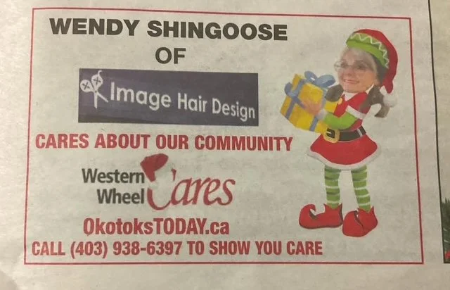 A Christmas-themed flyer featuring Wendy Shingoose of Image Hair Design, with a cartoon elf holding a gift and a microphone. The flyer promotes community care and includes the website Okotokstoday.ca and a phone number to contact for community care.