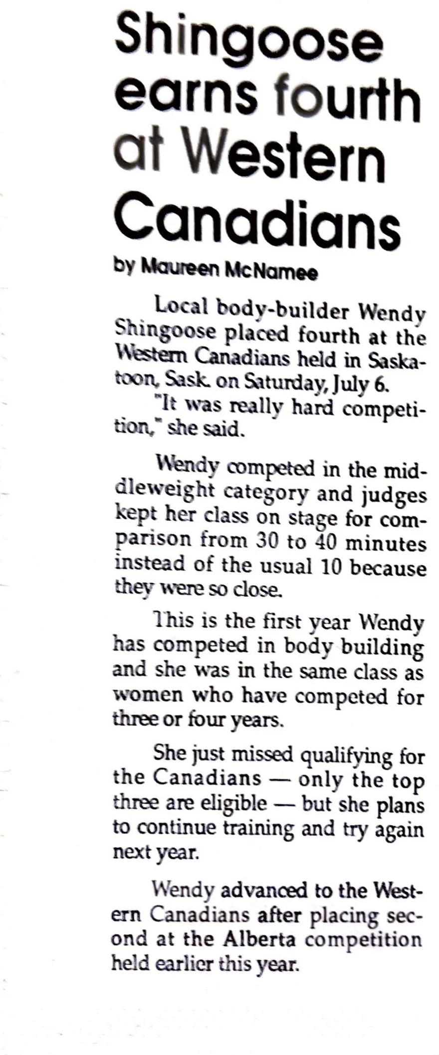 Article titled 'Shingoose earns fourth at Western Canadians' by Maureen McNamee, about Wendy Shingoose's body-building competition in Saskatchewan.