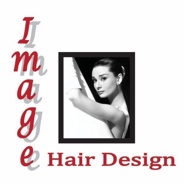 A woman with sleek hair and makeup looking at the camera, framed in a black rectangle, with the words "Image Hair Design" written to the left and below in red and gray fonts.