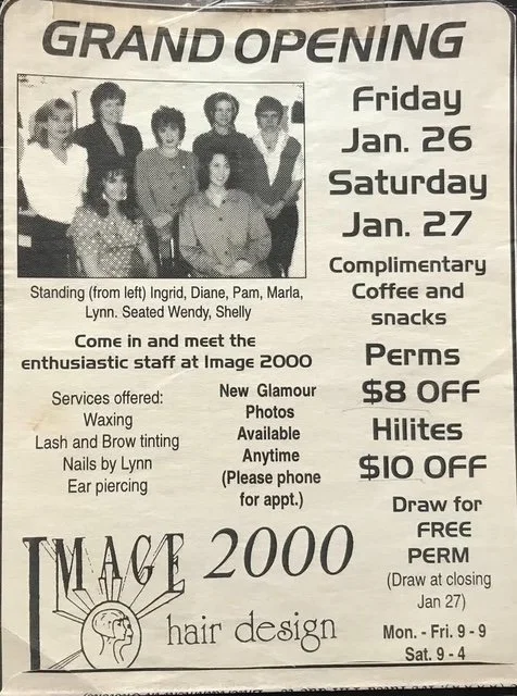 Poster for the grand opening of TMAGE 2000 hair salon, with a photo of staff members, event dates, special offers, and services provided.