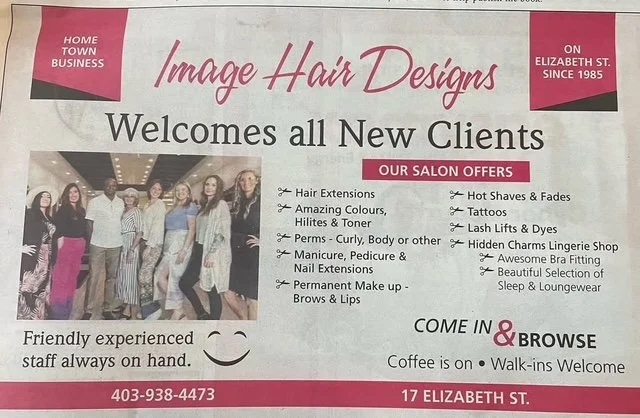 Flyer for Image Hair Designs salon welcoming new clients. Features a group photo of the staff, salon offers include hair extensions, colors, perms, manicures, permanent makeup, and more. Contact info and address included.