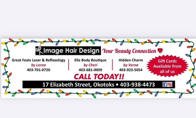 Business card for a beauty salon named Image Hair Design, featuring services like laser, hair, reflexology, Elle Body Boutique, and Hidden Charm. Includes contact info, gift cards offer, and decorated with colorful holiday lights.