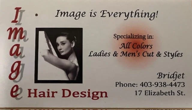 Business card for Image Hair Design, featuring a black-and-white photo of a woman with styled hair. The card states the salon specializes in all hair colors for ladies and men's cuts and styles, and includes contact information with a phone number and address.