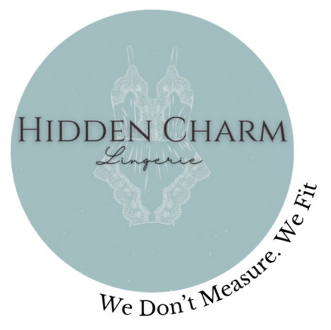 Logo for Hidden Charm Lingerie with a lace lingerie illustration and the slogan 'We Don't Measure. We Fit'.