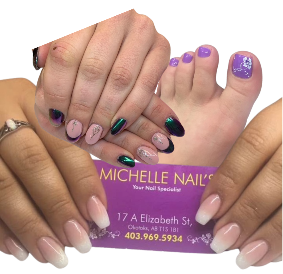 Close-up of a person's hands and feet showing freshly manicured nails with intricate designs, holding a purple business card for a nail salon.