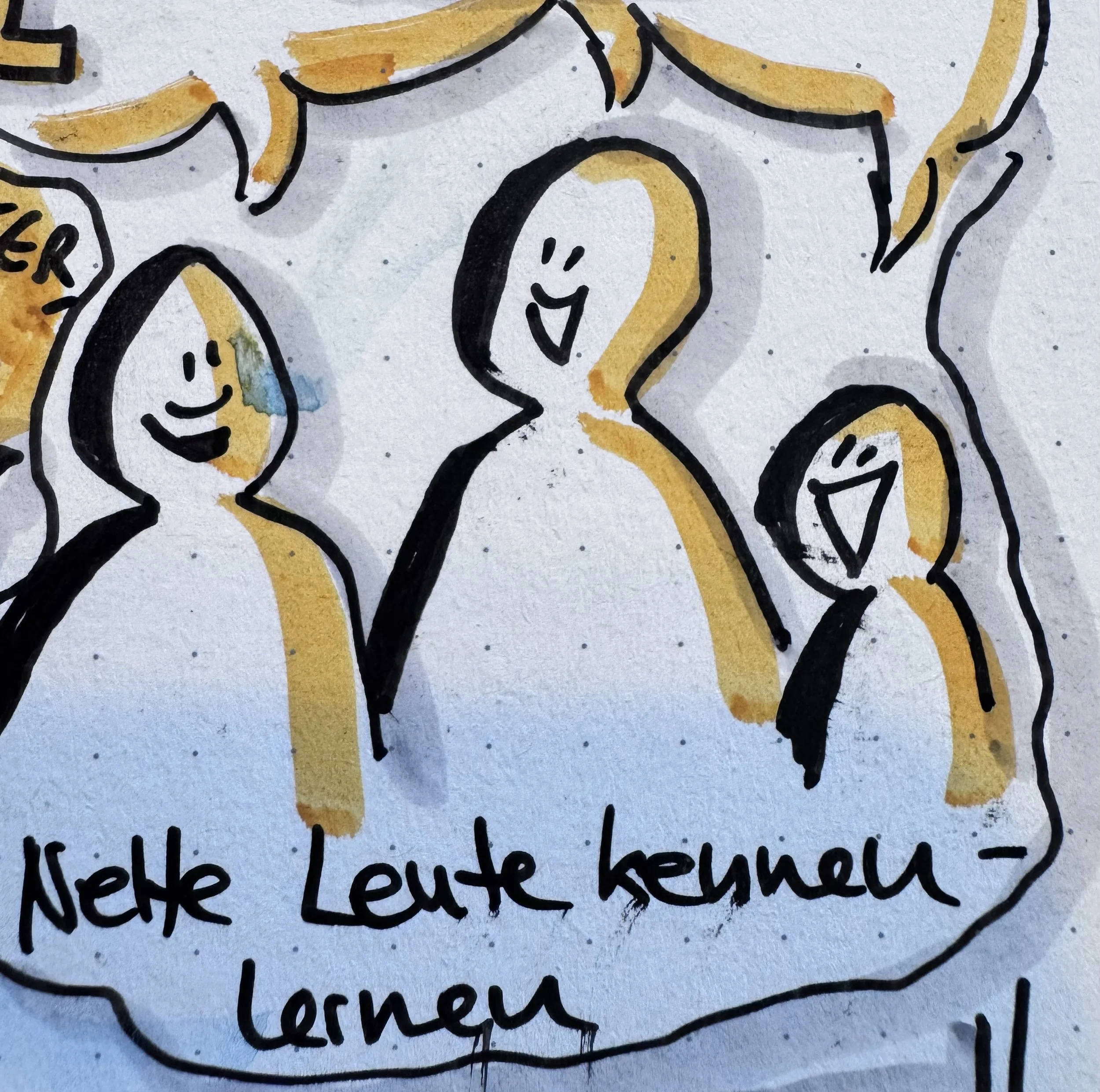 Handgezeichnete Illustration von mehreren lachenden Menschen mit dem Text "Nette Leute kennen lernen"