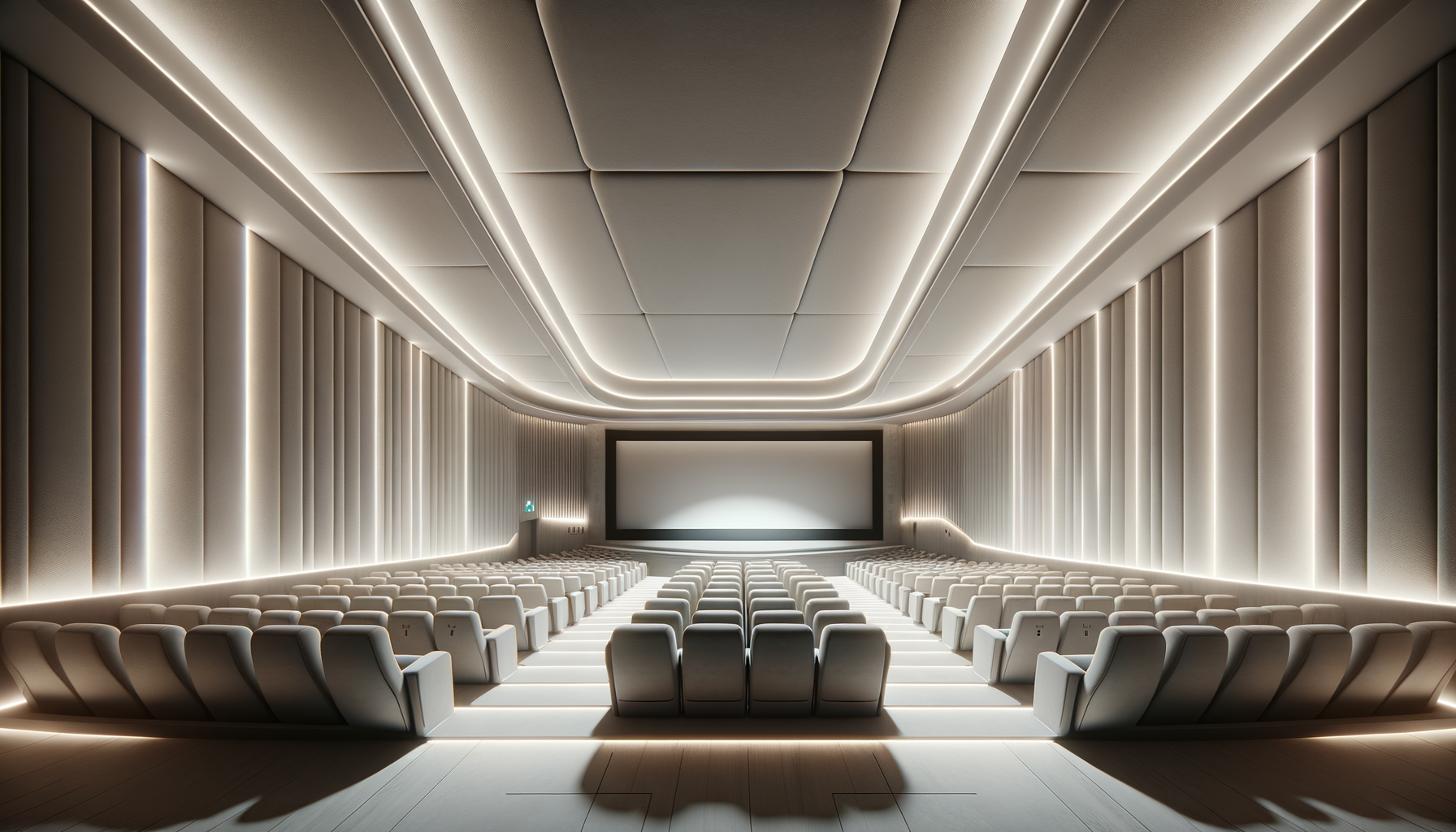 Modern, empty movie theater with rows of light-colored seats facing a large screen, illuminated by gentle strip lighting along the ceiling and walls.
