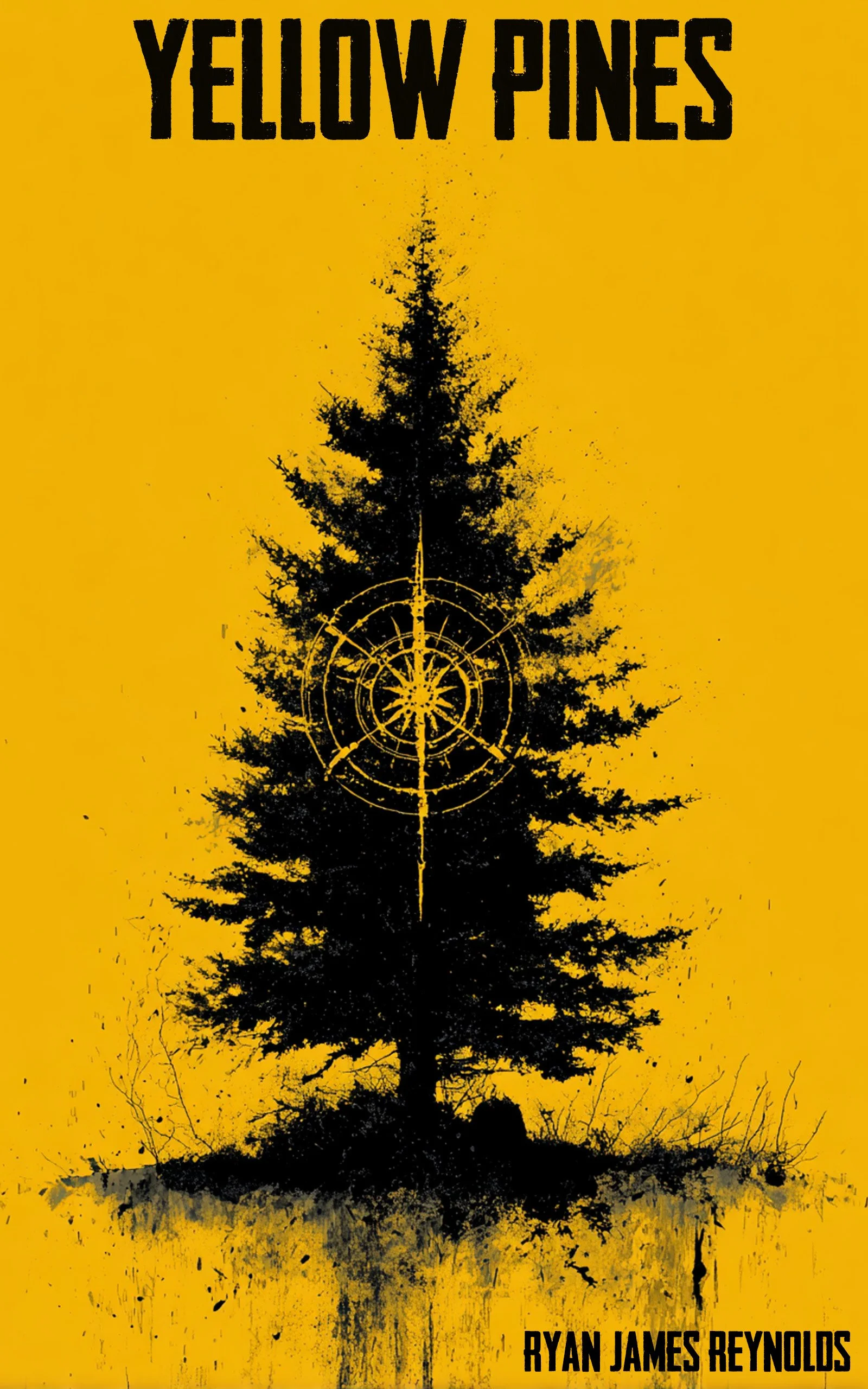 Book cover for "Yellow Pines" by Ryan James Reynolds, featuring a black silhouette of a pine tree with a target symbol in the center on a yellow background.