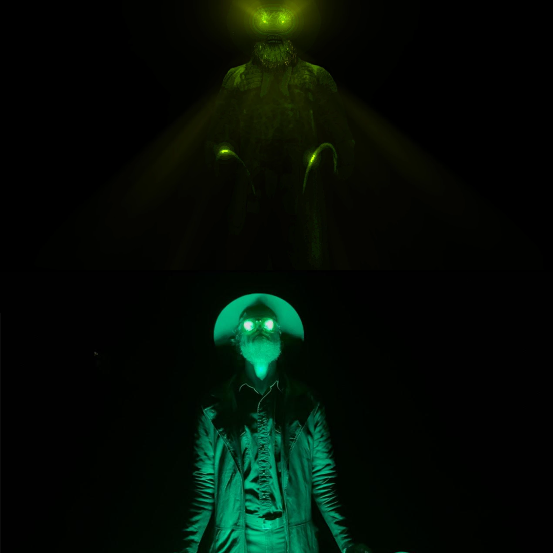 Two people are illuminated with glowing green lights in a dark setting. The person at the top has glowing green eyes, a beard, and is dressed in dark clothing. The person at the bottom also has glowing green eyes, a beard, and is wearing a cape or wide-brimmed hat along with a jacket.