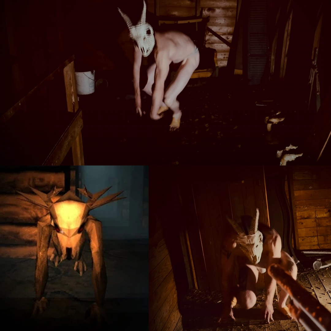 Two humanoid figures with goat masks are inside a wooden cabin, one crouching and one sitting, with a creature resembling a deer or elk with glowing antlers standing nearby in the lower left corner.