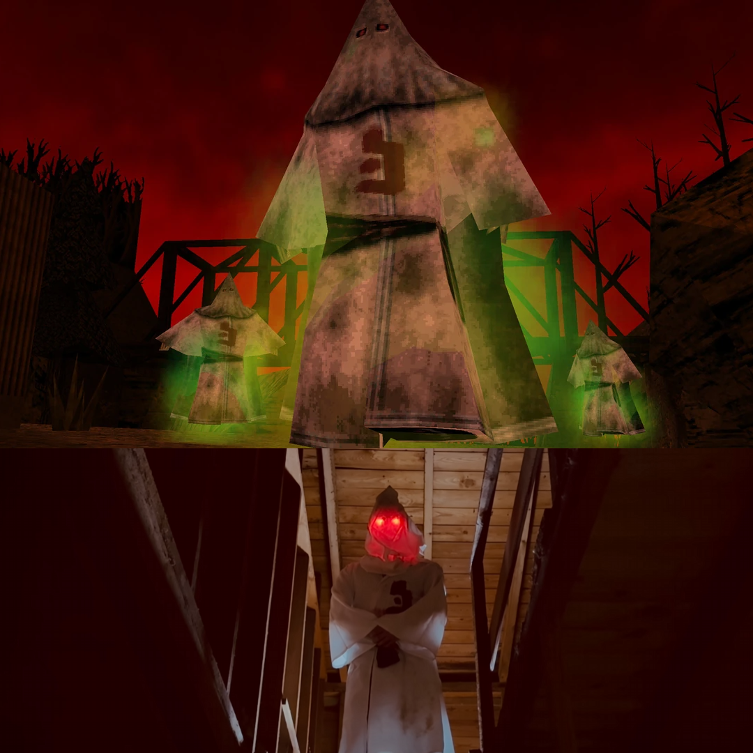 A dark and spooky scene with giant, ghostly paper bag figures wearing numbers, glowing green and red, in an eerie setting with a red sky and dilapidated structures.