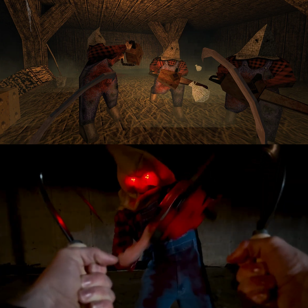 Two scenes from the horror video game 'Five Nights at Freddy's.' The top scene features three animatronic characters with masks, wielding saws inside a dimly lit wooden room. The bottom scene shows a creepy figure with glowing red eyes and a skull-like face, holding a pair of pliers towards the viewer, with a person's hands also holding pliers nearby.