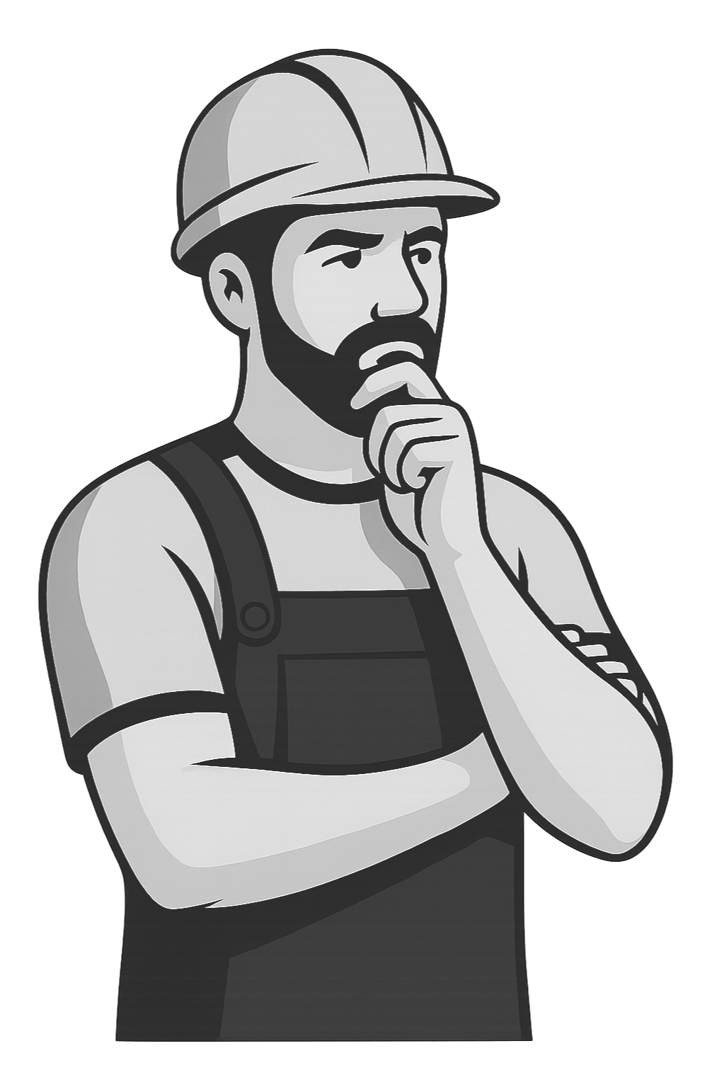 Black and white illustration of a man with a beard, wearing a construction helmet and overalls, holding his chin thoughtfully.