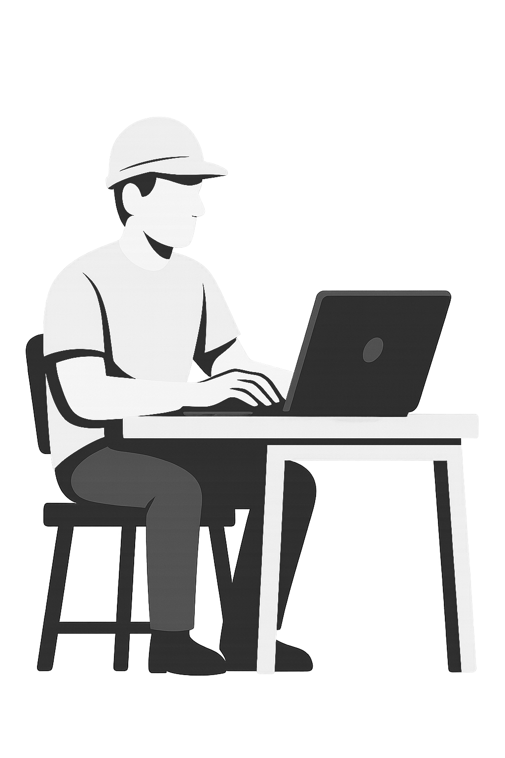 A person sitting at a desk using a laptop, wearing a baseball cap and sunglasses.