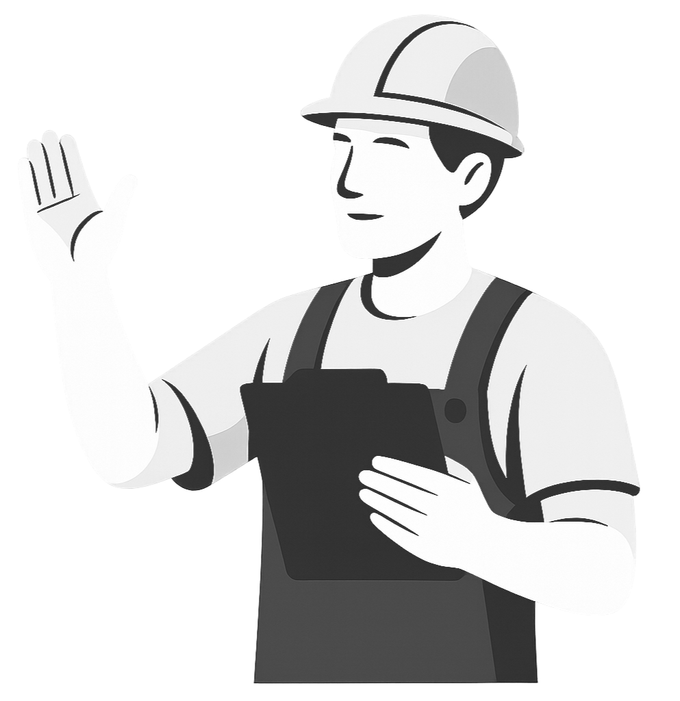 Illustration of a construction worker wearing a helmet, holding a clipboard, and giving a thumbs-up.