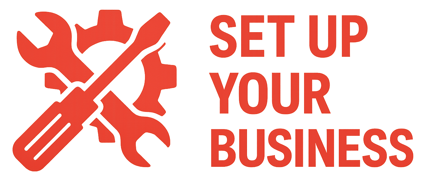Red graphics of a wrench, screwdriver, and gear with the text 'Set Up Your Business' in bold red 3D letters.