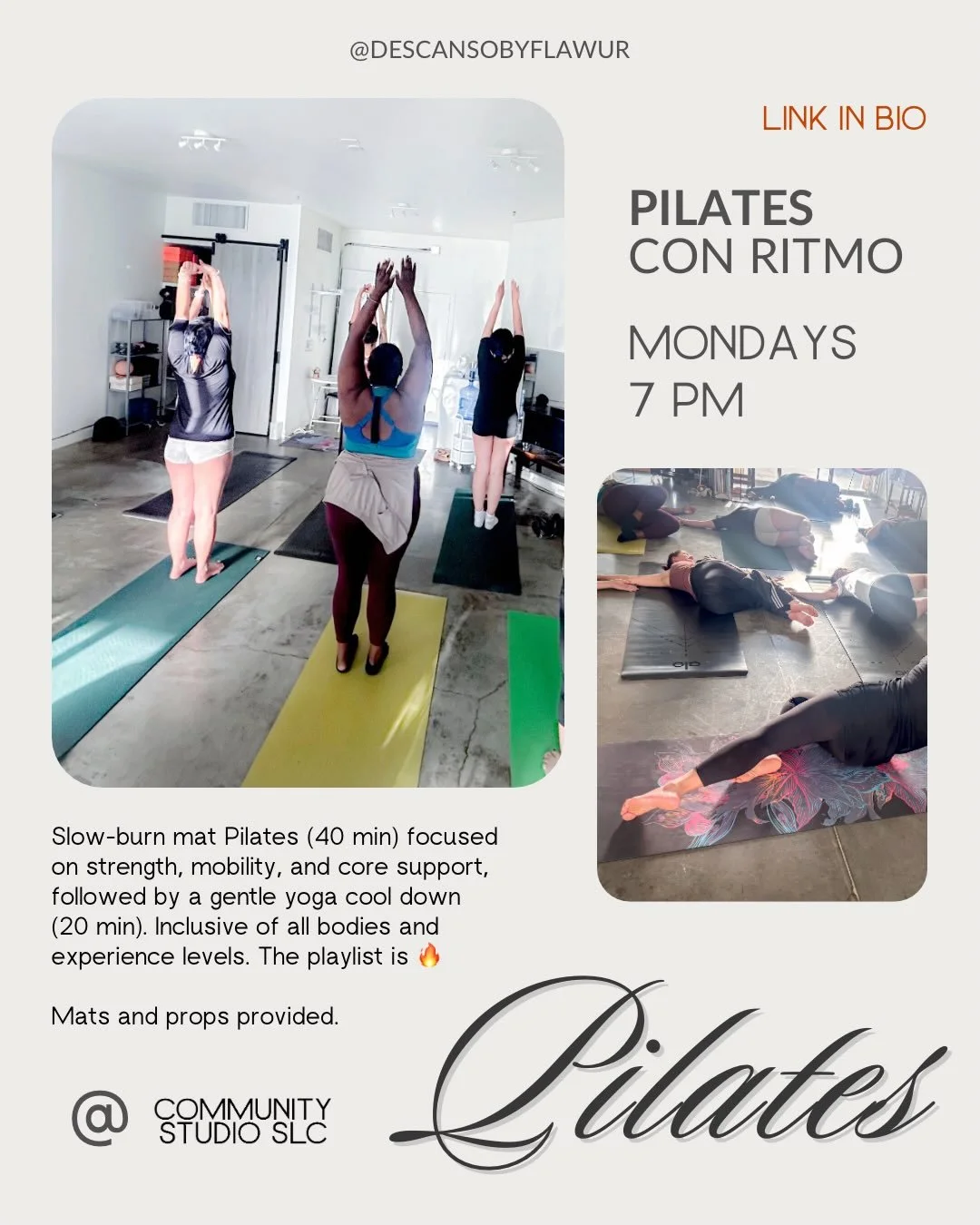 Pilates con Ritmo 🔥

A slow-burn Pilates class for strength, mobility, and core support, followed by a gentle yoga cool down.

40 min Pilates + 20 min yoga

Options for all bodies. 
All experience levels welcome. 

Mondays at 7 PM.
Come move with us