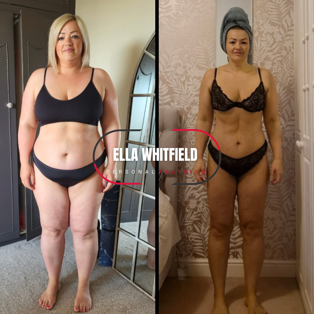 Side-by-side before and after photos of a woman showing weight loss transformation. She is wearing black underwear in both images, with a different hairstyle and setting. The before photo shows her with blonde hair, and the after photo shows her with a towel wrapped around her head. The background includes a mirror and a wardrobe in the before photo, and a decorated wall and nightstand in the after photo.