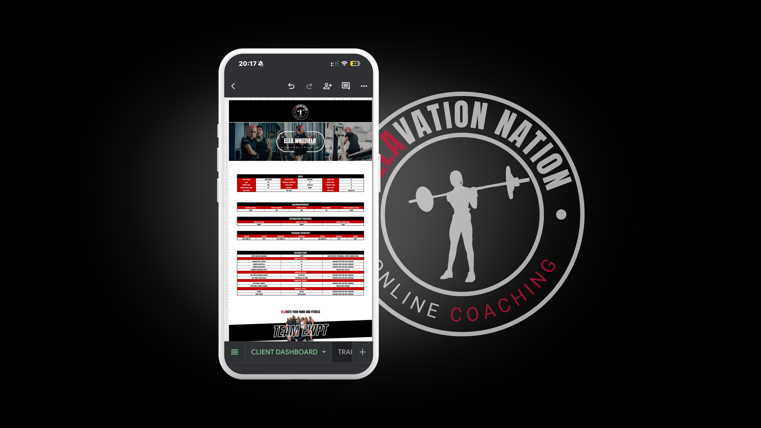 Smartphone displaying a fitness training or coaching app with workout plans, nutrition, and training schedules, with a background of a logo that says 'Rehabilitation Nation Online Coaching' featuring a silhouette of a woman lifting a barbell.