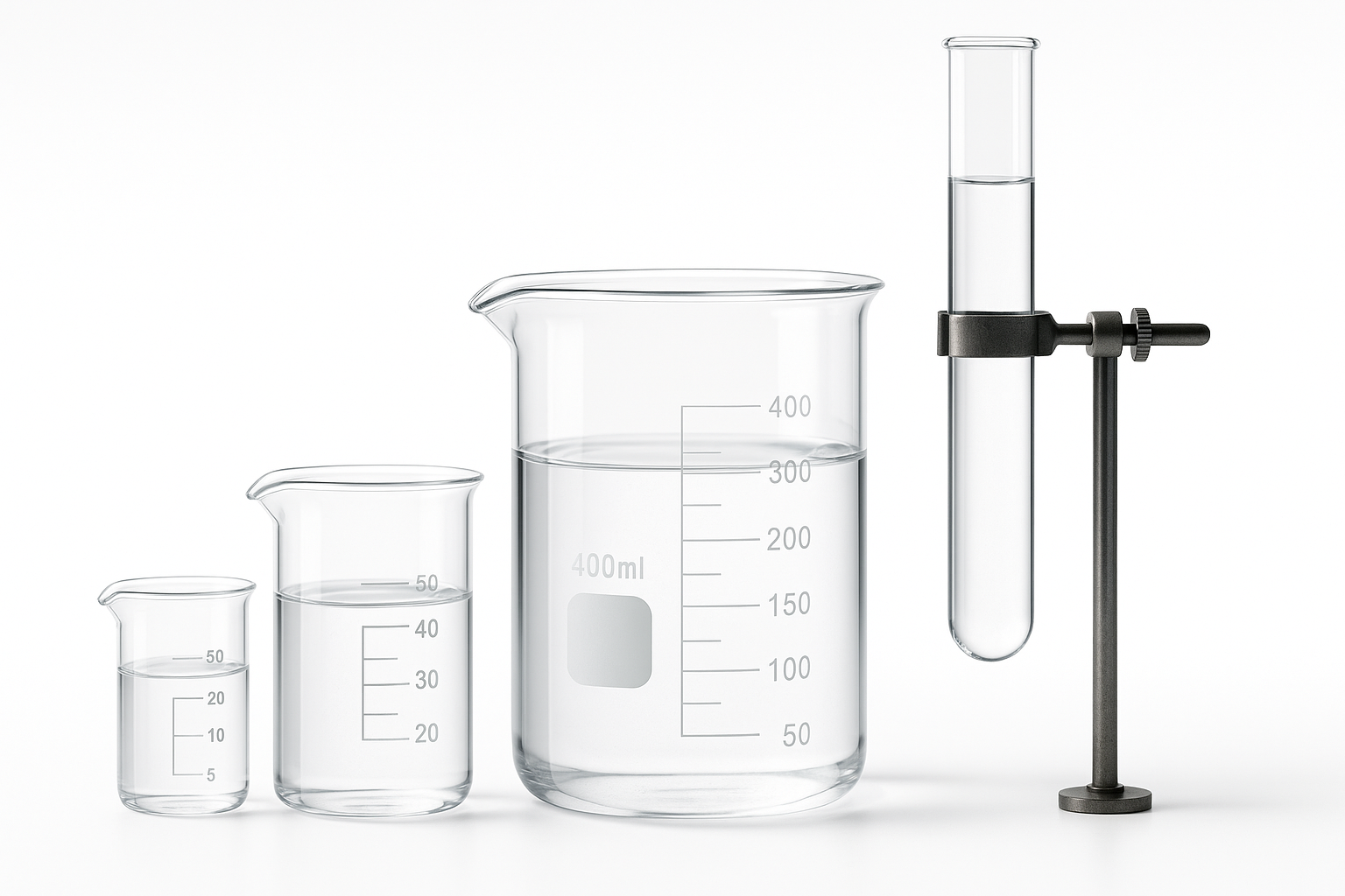 Laboratory glassware including a small beaker, a medium beaker, a large beaker, and a graduated cylinder filled with clear liquid, with a black stand holding a test tube also filled with clear liquid