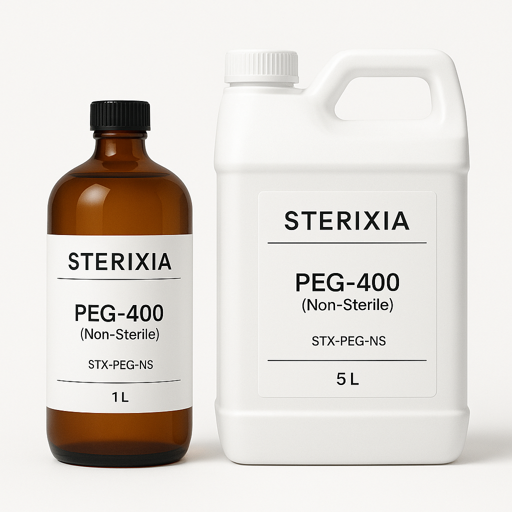 Two bottles of Sterixia PEG-400, a non-sterile product, with labels showing 1 liter and 5 liters sizes on a plain white background.