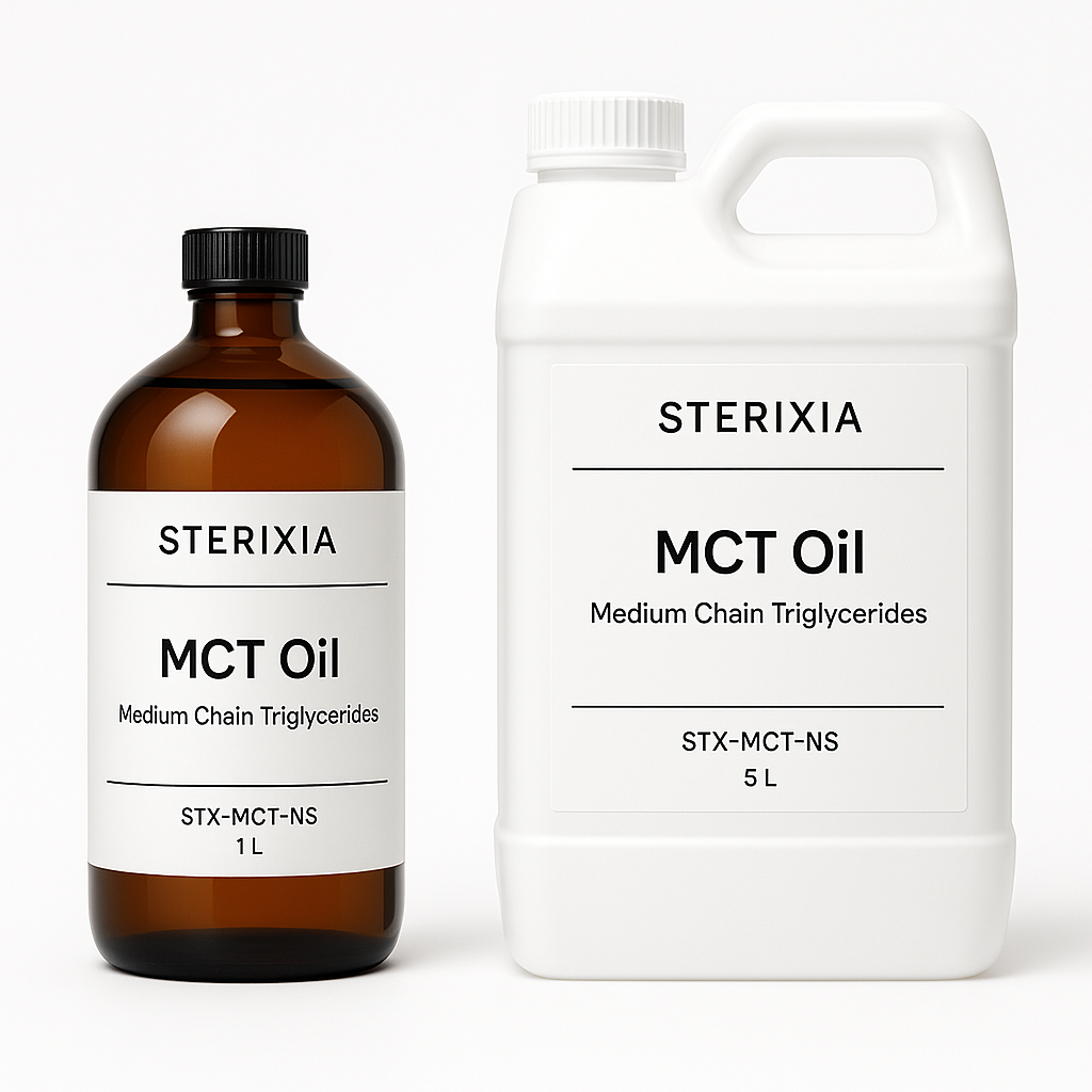 Two containers of Sterixia MCT Oil, one small brown bottle labeled 1 liter and one large white jug labeled 5 liters, on a white background.