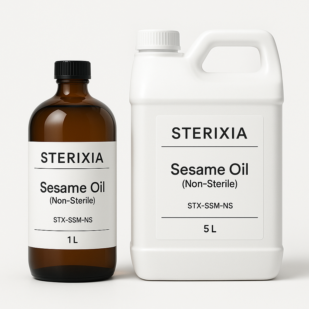 A 1-liter brown glass bottle and a 5-liter white plastic container of Sterixia sesame oil, labeled non-sterile.