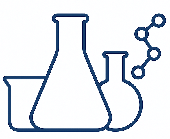 Outline illustration of laboratory glassware, including a beaker, a large Erlenmeyer flask, a smaller round flask, and a molecular structure icon.