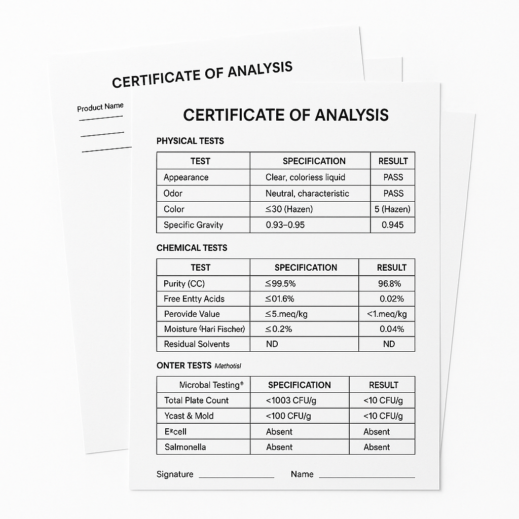 Two certificates of analysis showing physical, chemical, and microbial test results for a product.